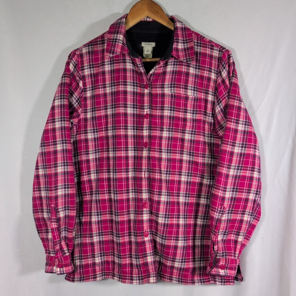 LL Bean Fleece Lined Flannel Shirt Womens Small Pink Plaid Shacket 285013